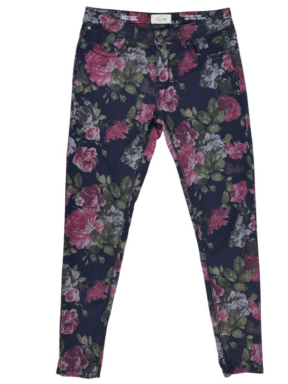 Lola Jeans Celina Ros Black Rose Patterned Mid Rise Skinny Jeans, 12